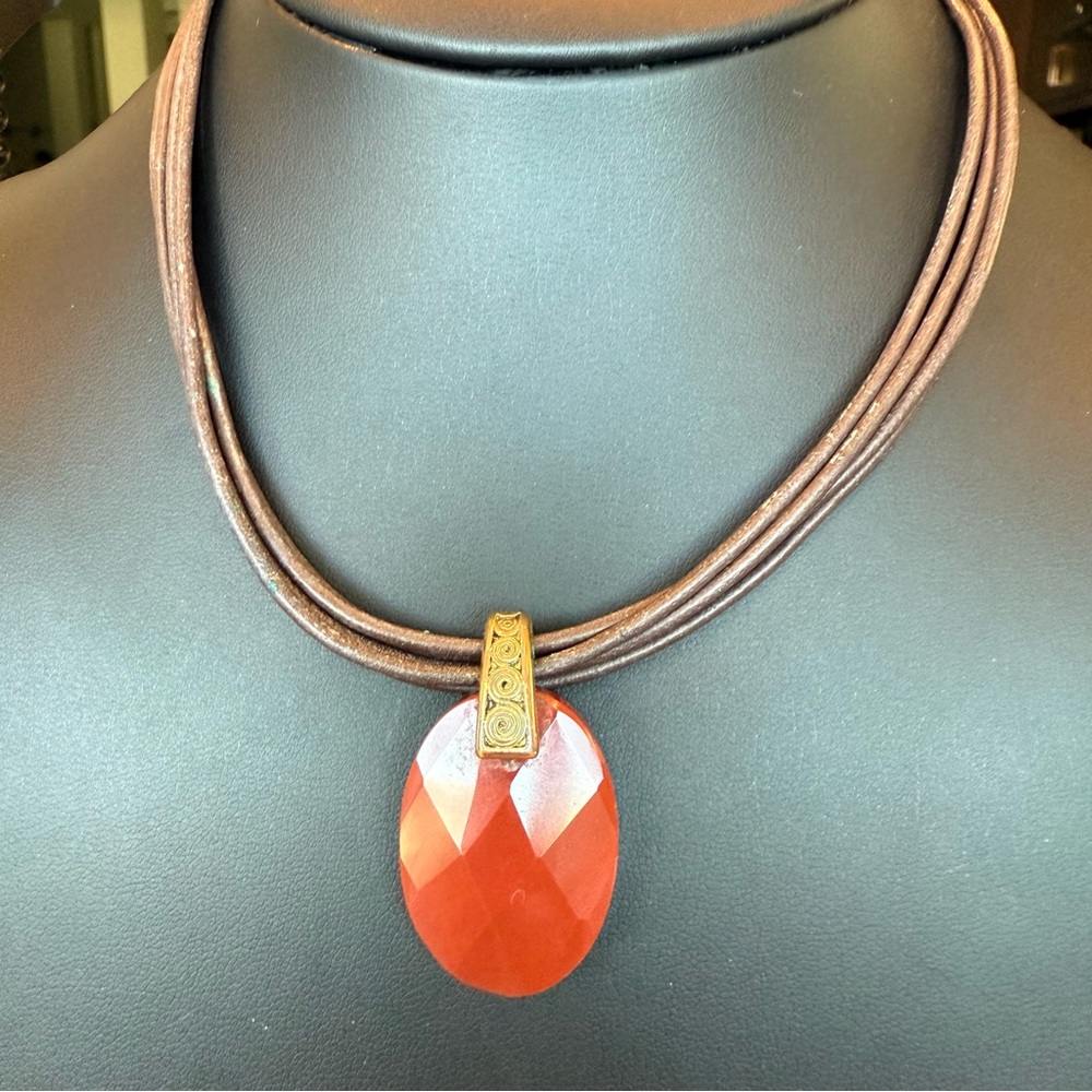 Faceted Checkerboard Carnelian Pendant Necklace Gold Tone Multi Strand Cord